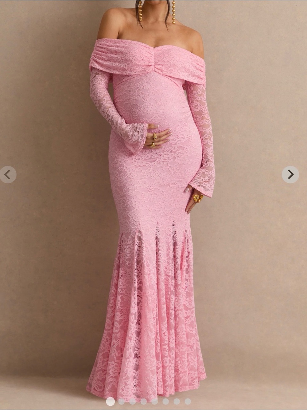 Light Pink Lace Bardot-Neck Maternity Maxi Dress